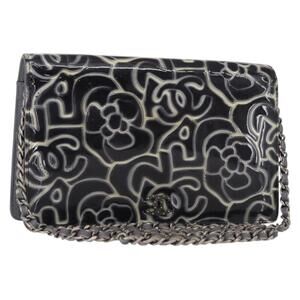 CHANEL Camellia COCO Mark Chain Wallet Patent leather Gray Silver CC Auth 159748